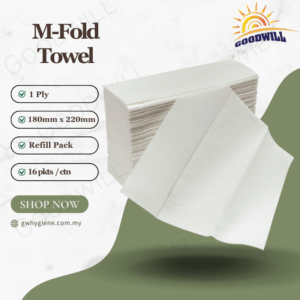 1 PLY M-Fold Towel (Virgin Pulp) 180mm x 220mm x 16pkts (Refill Pack)