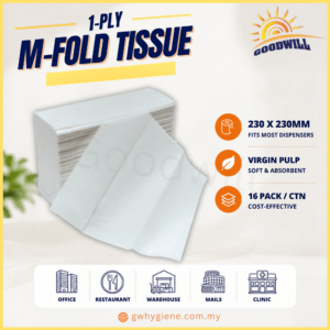 1-Ply M-Fold Tissue Hand Towel Virgin Pulp 230mm x 220mm for commercial washrooms