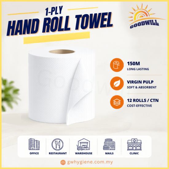 1PLY Hand Roll Towel Virgin Pulp 150M x 12 Rolls per Carton 1PLY Hand Roll Towel Virgin Pulp 150M x 12 Rolls per Carton for commercial washrooms