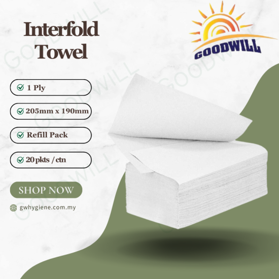 1PLY Interfold Towel (Vrigin Pulp) 205mm x 190mm x 20 pkts Refill Pack 1PLY Interfold Towel (Vrigin Pulp) 205mm x 190mm x 20 pkts Refill Pack