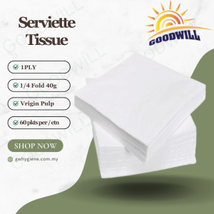 1PLY Serviette (Virgin Pulp) 1/4 Fold 23cm x 23cm 40g x 60pkts per/ctn (Fully Wrapped)