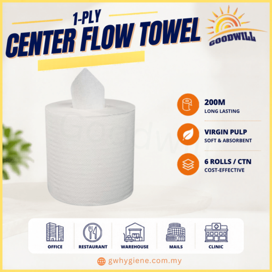 1-Ply Center Flow Towel (Virgin Pulp) 200M 1-Ply Center Pull Towel Virgin Pulp 200M for commercial washrooms and workplaces
