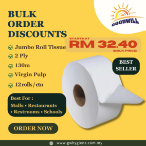 2-Ply Jumbo Roll Tissue (Virgin Pulp) 130M – 12 Rolls/Carton Bulk Discount