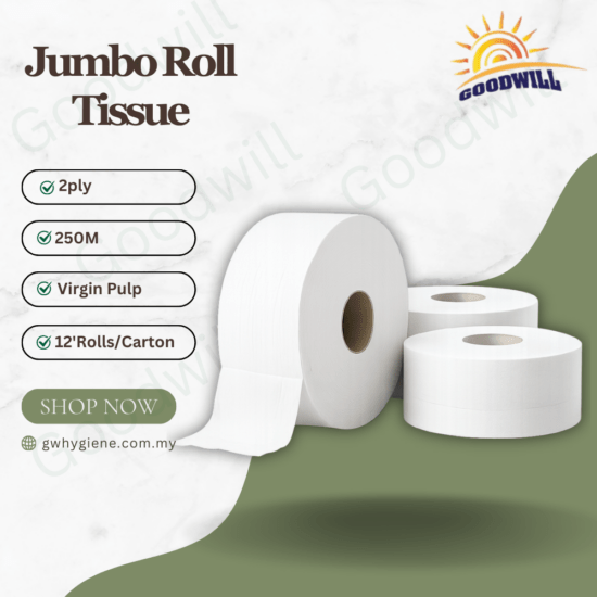 2ply Jumbo Roll Tissue Virgin Pulp 250M x 12'Rolls