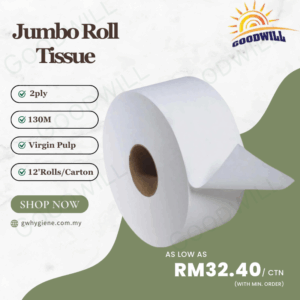 2-Ply Jumbo Roll Tissue (Virgin Pulp) 130M – 12 Rolls/Carton Bulk Discount