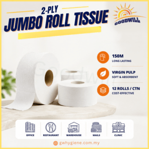 2-Ply Jumbo Tissue Roll 150M Virgin Pulp – 12 Rolls Per Carton